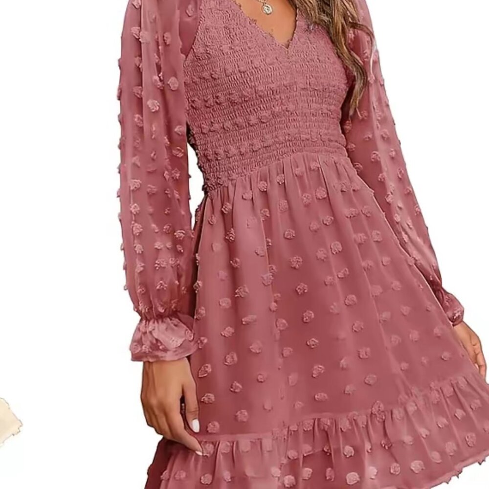 BTFBM Swiss Dot Smocked Long Sleeve Mini Dress, Dusty Rose, Size XL, NWT